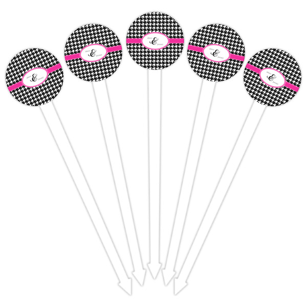 Houndstooth w/Pink Accent White Plastic 6" Food Pick - Round - Fan View