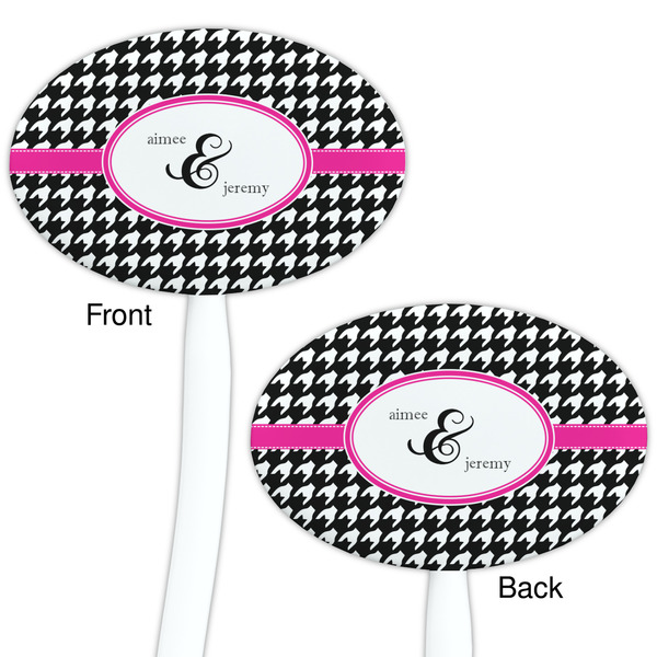 Houndstooth w/Pink Accent White Plastic 7" Stir Stick - Double Sided - Oval - Front & Back