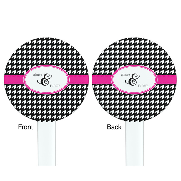 Houndstooth w/Pink Accent White Plastic 7" Stir Stick - Double Sided - Round - Front & Back