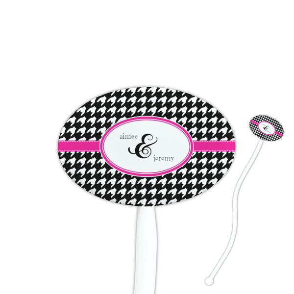 Custom Houndstooth w/Pink Accent 7" Oval Plastic Stir Sticks - White - Single Sided (Personalized)