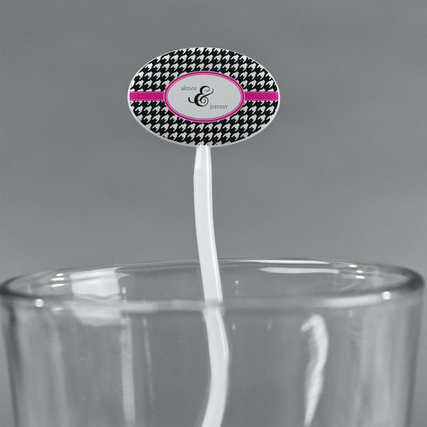 Houndstooth w/Pink Accent White Plastic 7" Stir Stick - Oval - Main