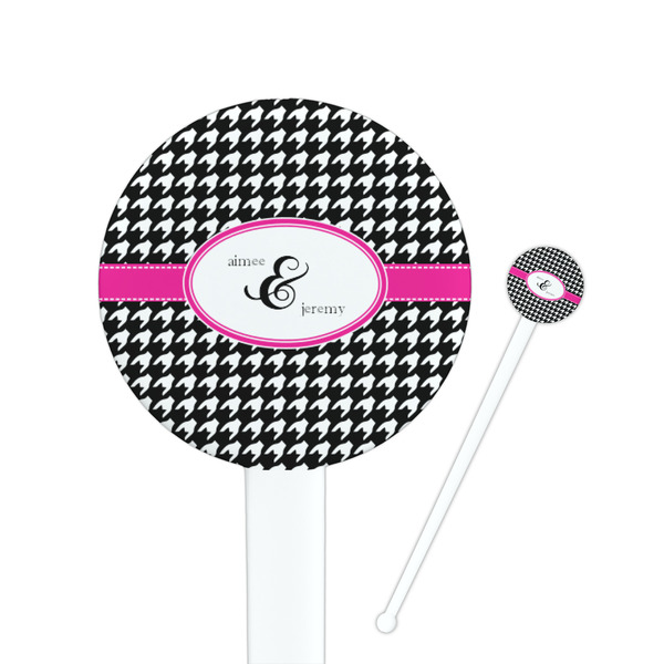 Custom Houndstooth w/Pink Accent Round Plastic Stir Sticks (Personalized)