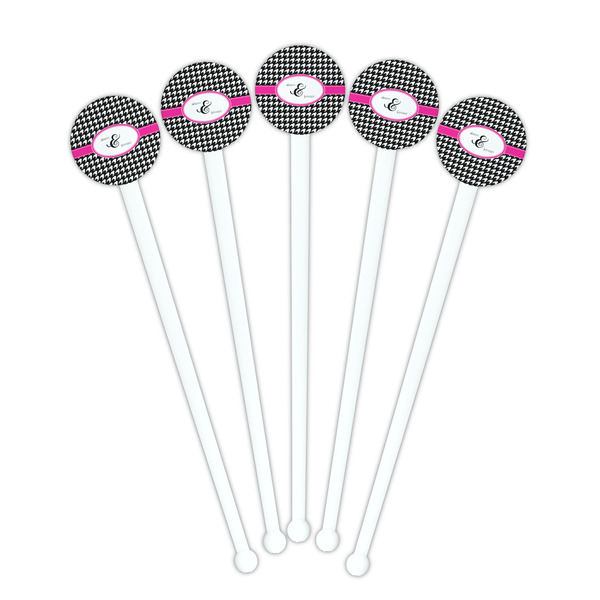 Houndstooth w/Pink Accent White Plastic 7" Stir Stick - Round - Fan View