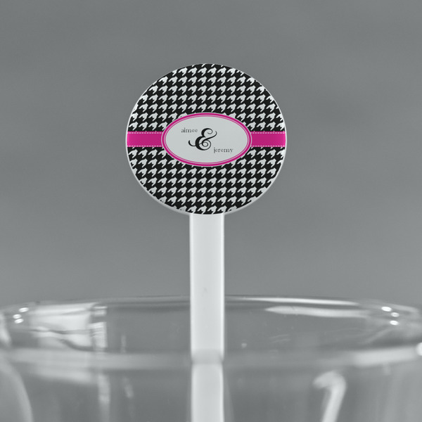 Houndstooth w/Pink Accent White Plastic 7" Stir Stick - Round - Main