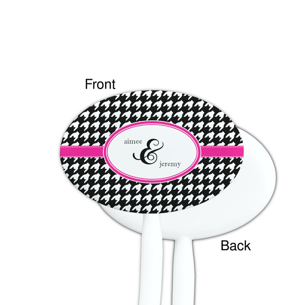 Houndstooth w/Pink Accent White Plastic 7" Stir Stick - Single Sided - Oval - Front & Back