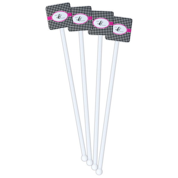 Houndstooth w/Pink Accent White Plastic Stir Stick - Double Sided - Square - Front