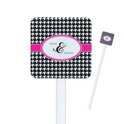Houndstooth w/Pink Accent Square Plastic Stir Sticks - Single Sided (Personalized)