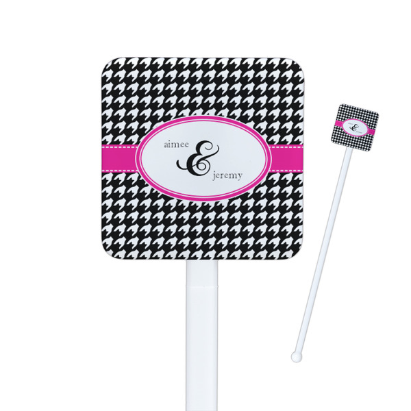 Custom Houndstooth w/Pink Accent Square Plastic Stir Sticks - Double Sided (Personalized)