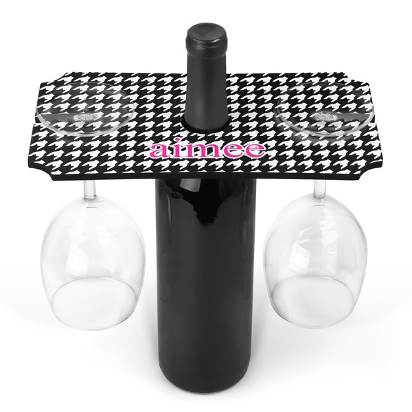 Custom Houndstooth w/Pink Accent Wine Bottle & Glass Holder (Personalized)