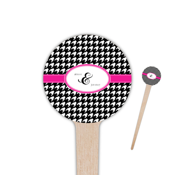Custom Houndstooth w/Pink Accent 4" Round Wooden Food Picks - Single Sided (Personalized)