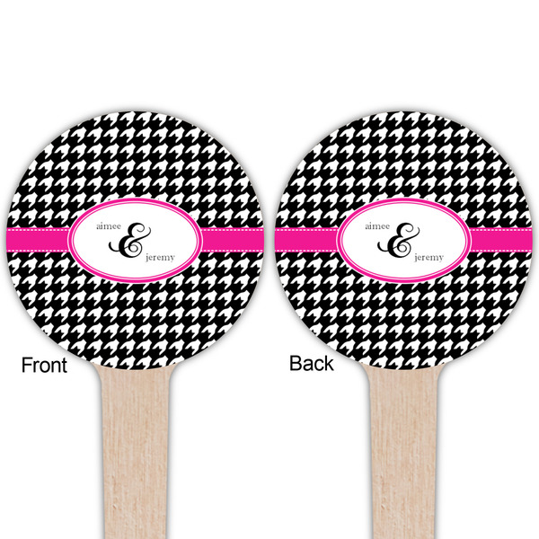 Houndstooth w/Pink Accent Wooden 4" Food Pick - Round - Double Sided - Front & Back