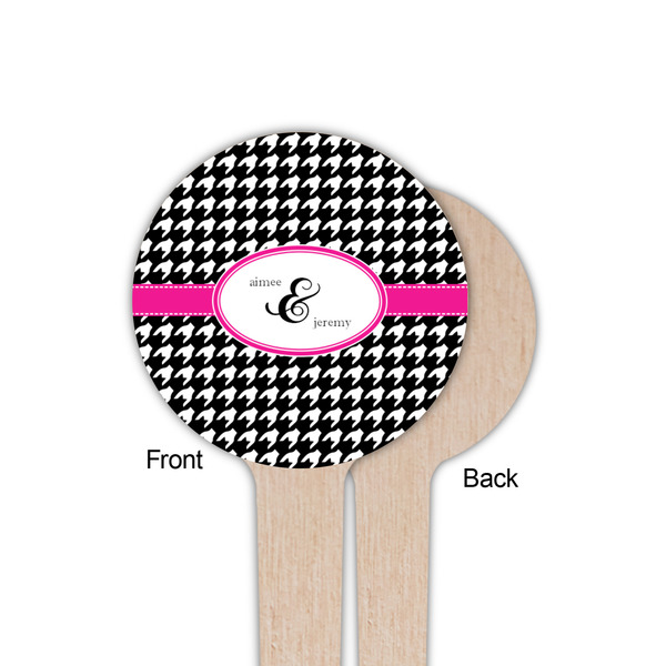 Houndstooth w/Pink Accent Wooden 4" Food Pick - Round - Single Sided - Front & Back