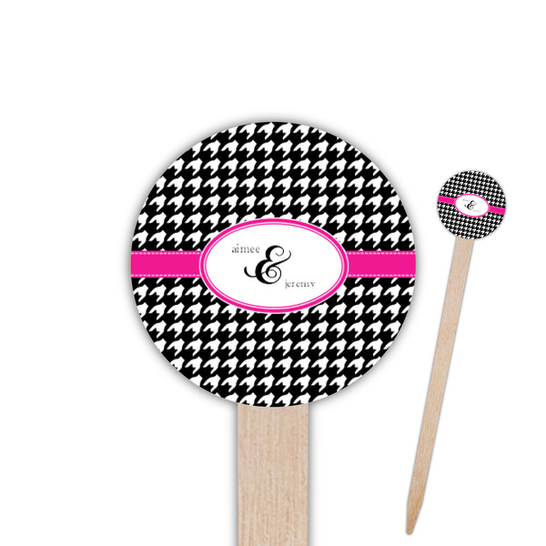 Custom Houndstooth w/Pink Accent 6" Round Wooden Food Picks - Single Sided (Personalized)