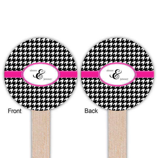 Houndstooth w/Pink Accent Wooden 6" Food Pick - Round - Double Sided - Front & Back
