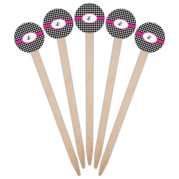 Houndstooth w/Pink Accent Wooden 6" Food Pick - Round - Fan View
