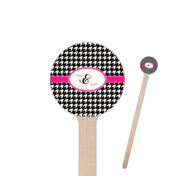 Custom Houndstooth w/Pink Accent 6" Round Wooden Stir Sticks - Single Sided (Personalized)