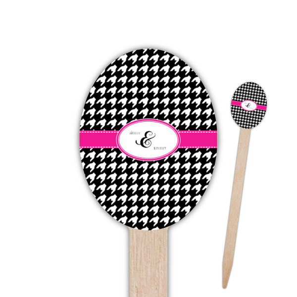 Custom Houndstooth w/Pink Accent Oval Wooden Food Picks - Single Sided (Personalized)