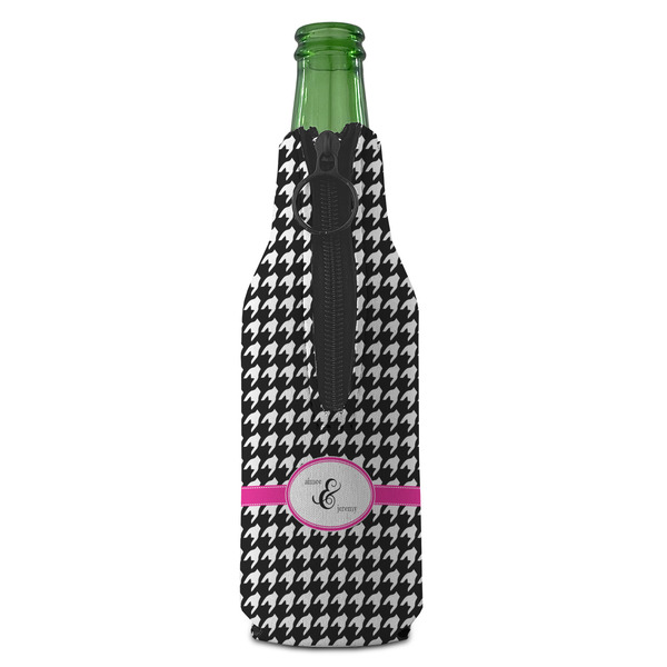 Houndstooth w/Pink Accent Zipper Bottle Cooler - BACK (bottle)
