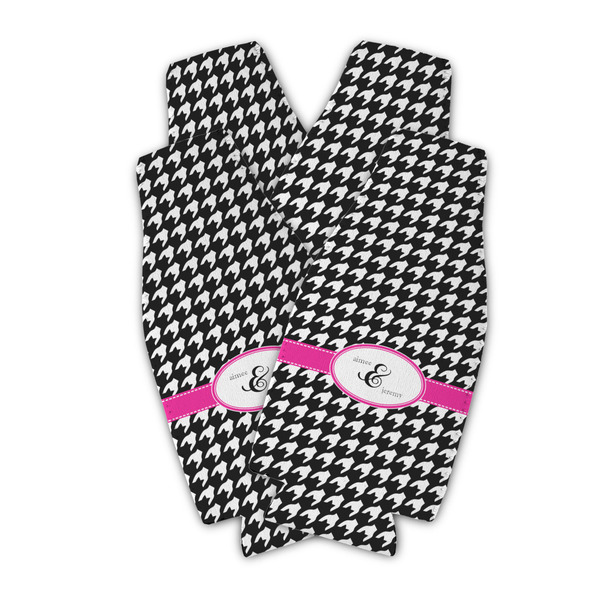 Custom Houndstooth w/Pink Accent Zipper Bottle Cooler - Set of 4 (Personalized)