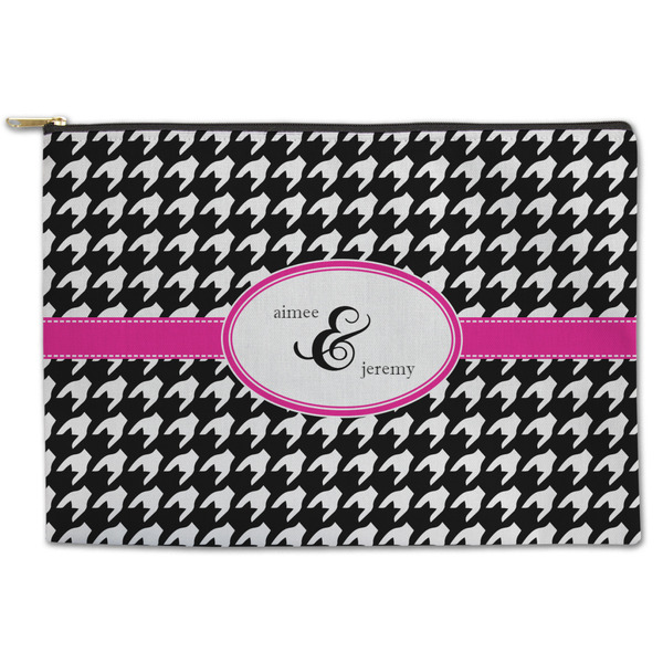 Custom Houndstooth w/Pink Accent Zipper Pouch - Large - 12.5"x8.5" (Personalized)
