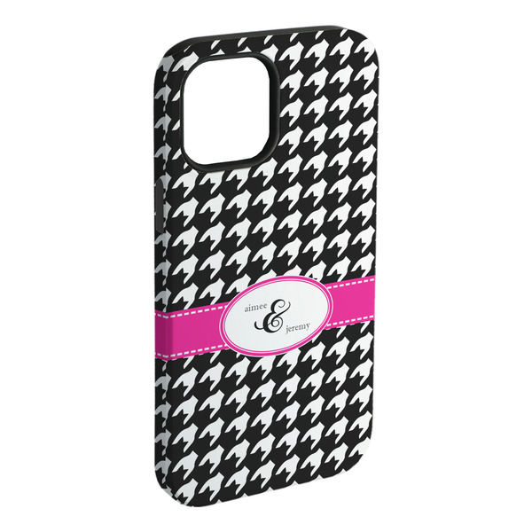 Custom Houndstooth w/Pink Accent iPhone Case - Rubber Lined - iPhone 15 Plus (Personalized)