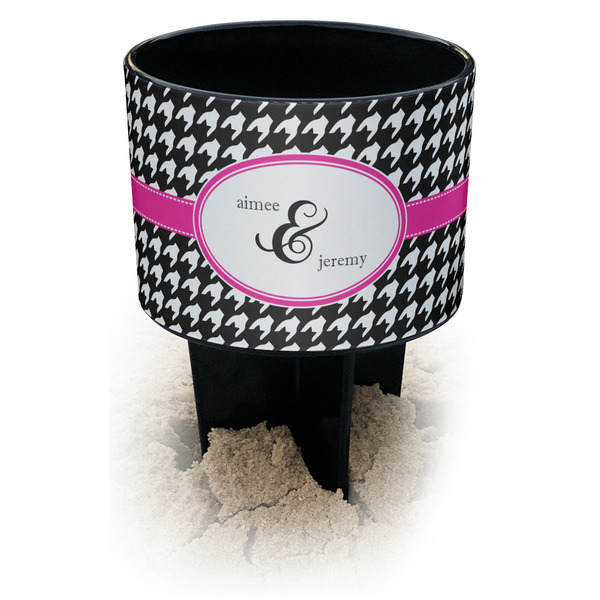 Custom Houndstooth w/Pink Accent Black Beach Spiker Drink Holder (Personalized)