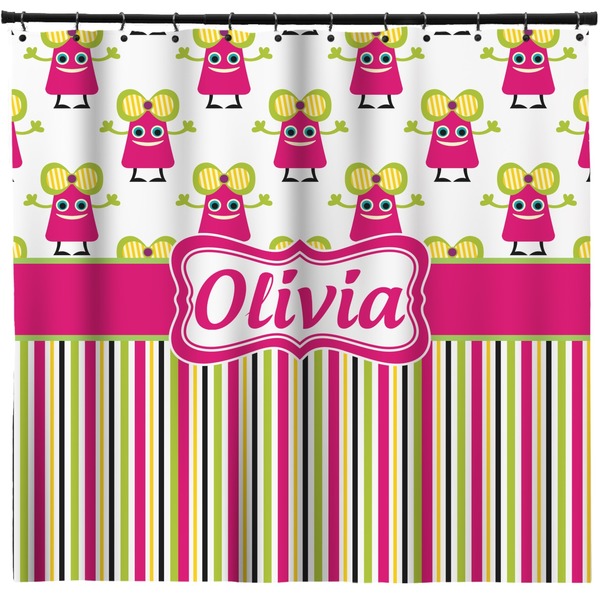 Custom Pink Monsters & Stripes Shower Curtain - 71" x 74" (Personalized)