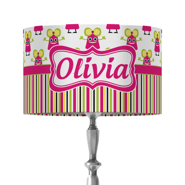 Custom Pink Monsters & Stripes 12" Drum Lamp Shade - Fabric (Personalized)