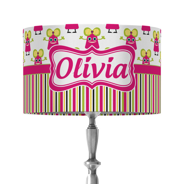 Pink Monsters & Stripes 12" Drum Lampshade - ON STAND (Fabric)