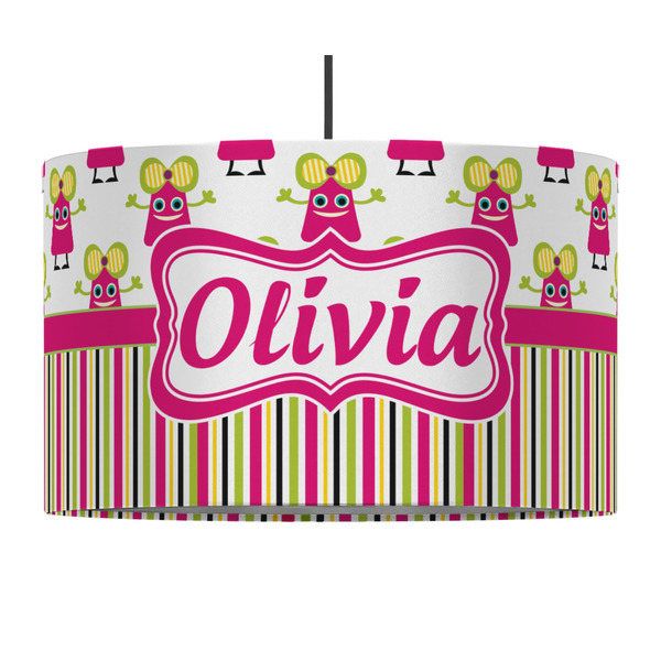 Custom Pink Monsters & Stripes 12" Drum Pendant Lamp - Fabric (Personalized)