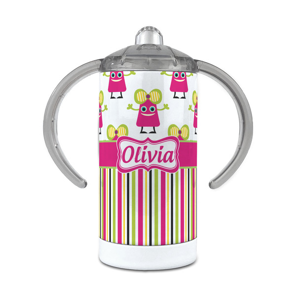 Custom Pink Monsters & Stripes 12 oz Stainless Steel Sippy Cup (Personalized)