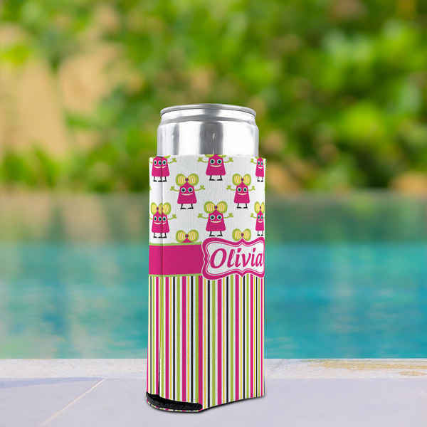 Pink Monsters & Stripes Can Cooler - Tall 12oz - In Context