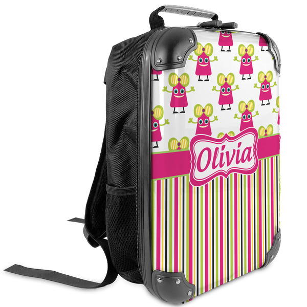 Custom Pink Monsters & Stripes Kids Hard Shell Backpack (Personalized)