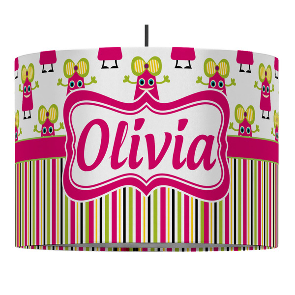 Custom Pink Monsters & Stripes 16" Drum Pendant Lamp - Fabric (Personalized)