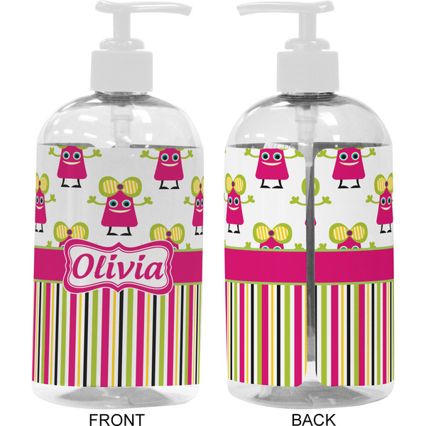 Pink Monsters & Stripes 16 oz Plastic Liquid Dispenser- Approval- White