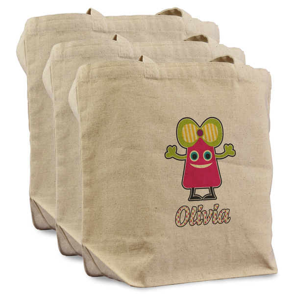 Pink Monsters & Stripes 3 Reusable Cotton Grocery Bags - Front View
