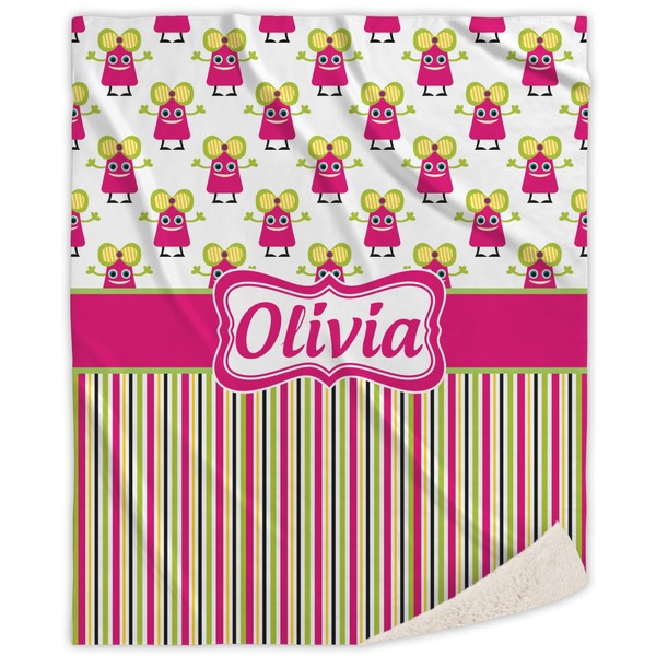 Custom Pink Monsters & Stripes Sherpa Throw Blanket (Personalized)