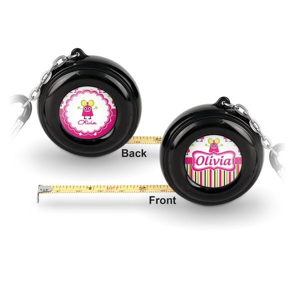 Pink Monsters & Stripes 6-Ft Pocket Tape Measure with Carabiner Hook - Front and Back
