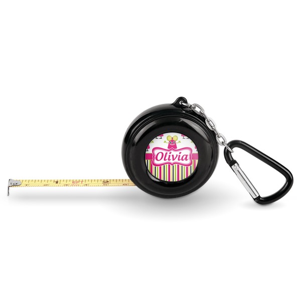 Custom Pink Monsters & Stripes Pocket Tape Measure - 6 Ft w/ Carabiner Clip (Personalized)