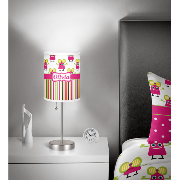 Pink Monsters & Stripes 7 inch drum lamp shade - in room
