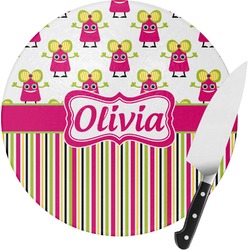 Pink Monsters & Stripes Round Glass Cutting Board - Small (Personalized)
