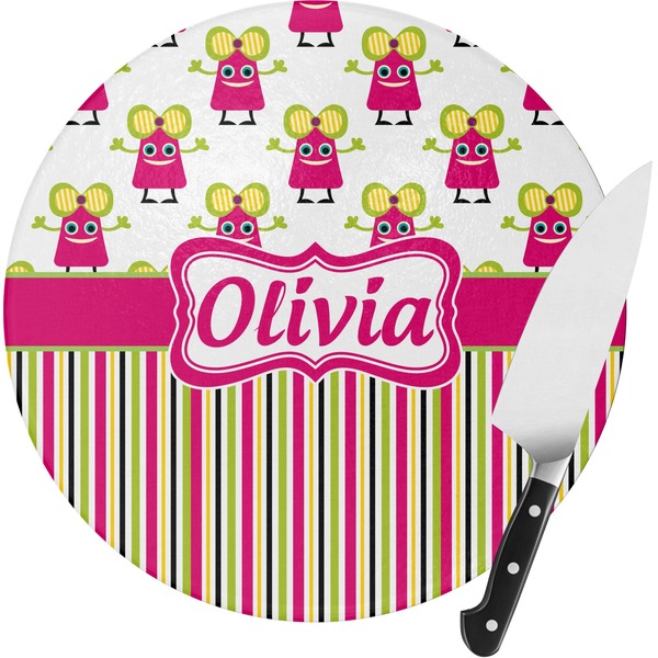 Custom Pink Monsters & Stripes Round Glass Cutting Board - Small (Personalized)