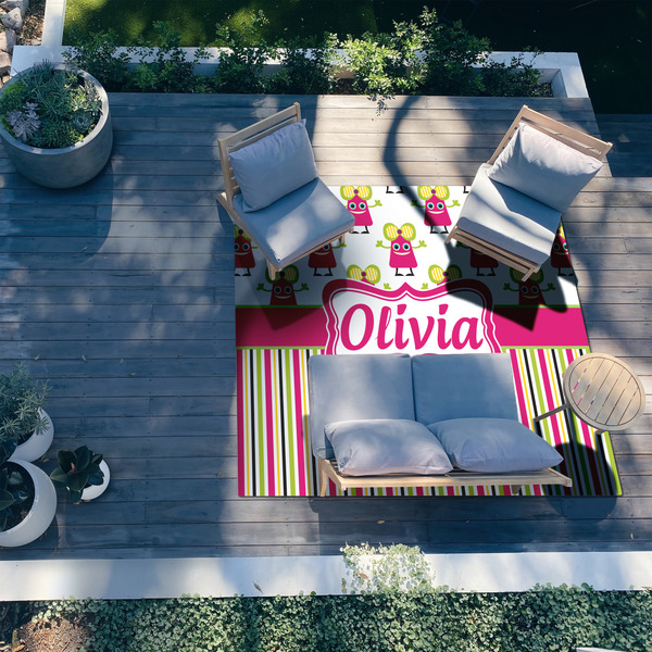 Pink Monsters & Stripes 8'x10' Patio Rug - In context