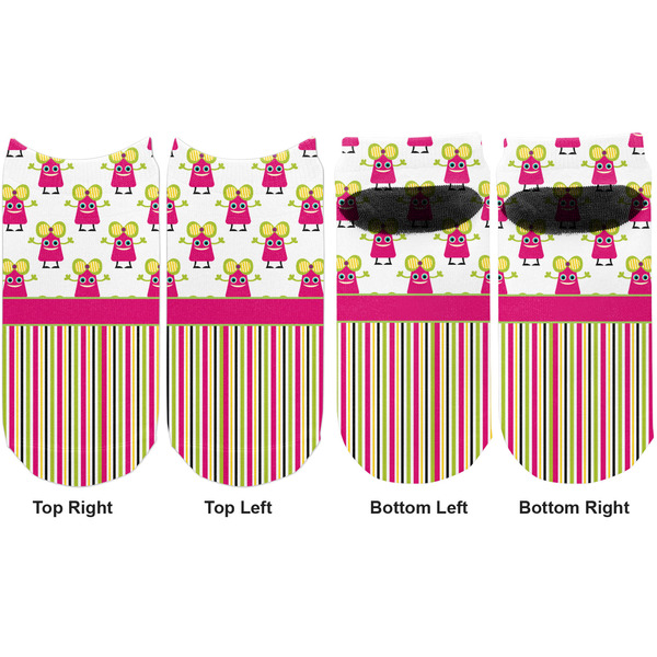 Pink Monsters & Stripes Adult Ankle Socks - Double Pair - Front and Back - Apvl