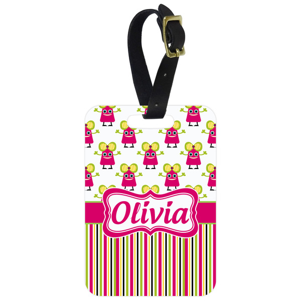 Custom Pink Monsters & Stripes Metal Luggage Tag w/ Name or Text