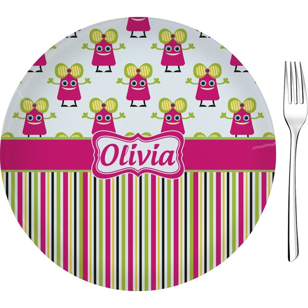 Custom Pink Monsters & Stripes Glass Appetizer / Dessert Plate 8" (Personalized)