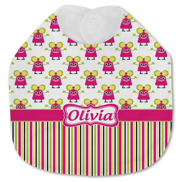 Custom Pink Monsters & Stripes Jersey Knit Baby Bib w/ Name or Text