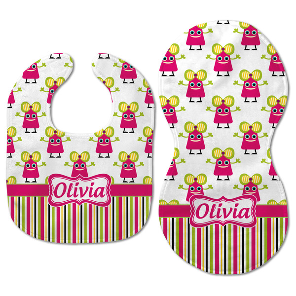 Pink Monsters & Stripes Baby Bib & Burp Set - Approval (new bib & burp)