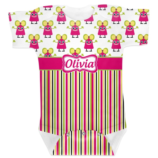 Custom Pink Monsters & Stripes Baby Bodysuit 12-18 (Personalized)