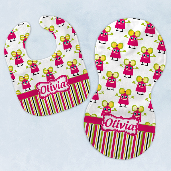 Custom Pink Monsters & Stripes Baby Bib & Burp Set w/ Name or Text
